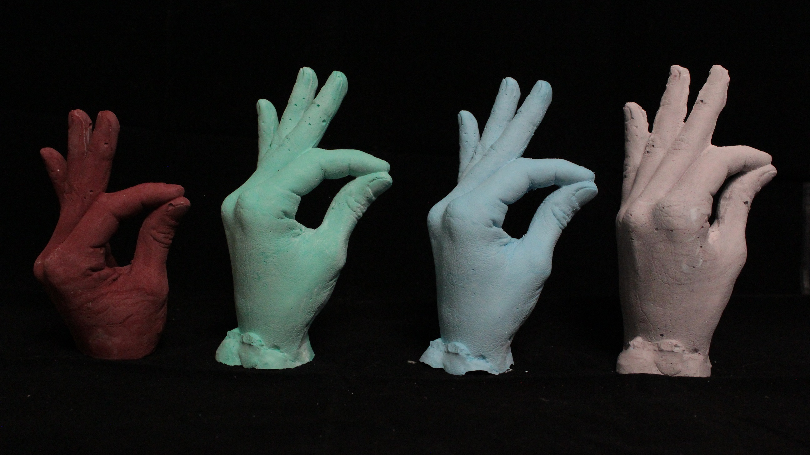 4 Colors of Plaster casting of Hand - Red, Blue, Green, Lavendar