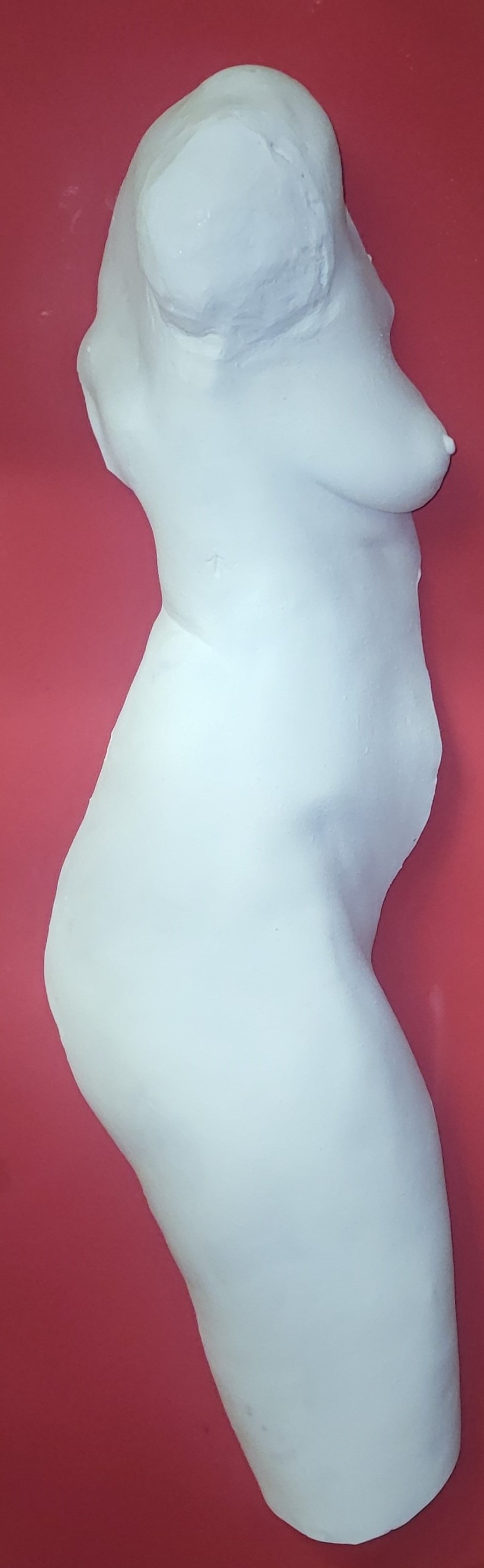 white plastic casting of female profile from shoulders to lower thigh