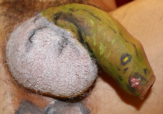 painting on penis of a lizzard breaking out of an eggshell