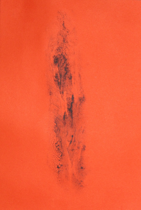 print of black painted labia on orange paper
